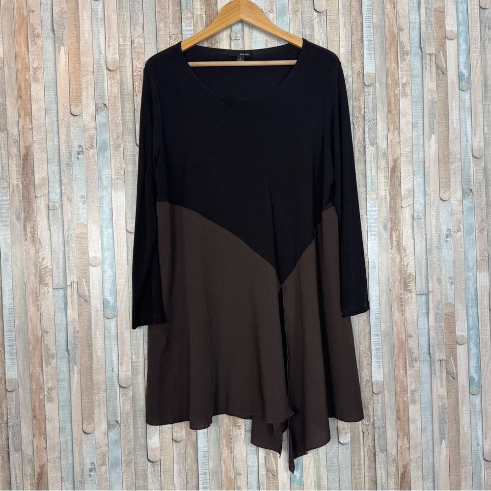Sun Kim L Asymmetric Panel Slit Jersey Tunic Top Lagenlook Brown Black Longline